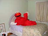 A bright red Elmo plush lies alone on a made bed.
